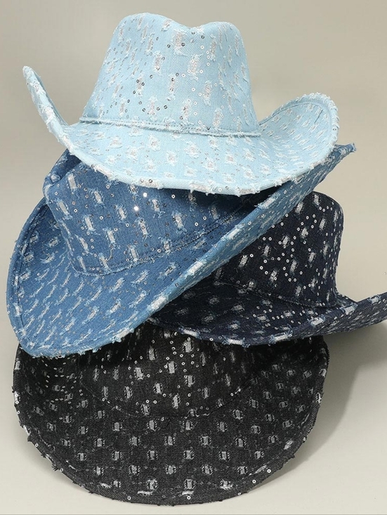 Blue Sequin Denim Fedora Hat Wide Brim Womens Cowboy Cowgirl Western main image 4